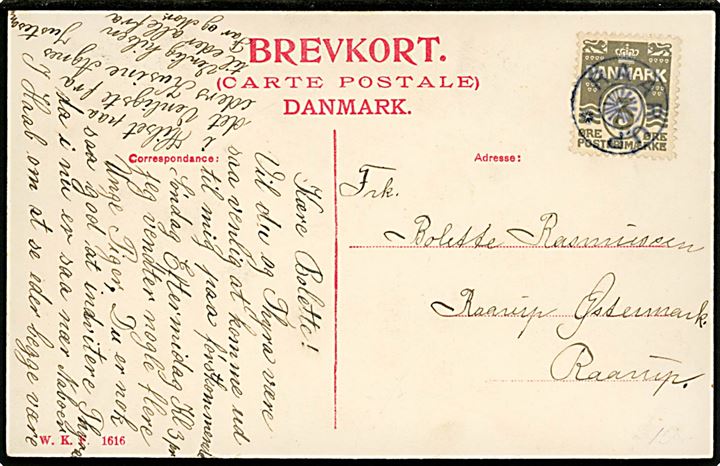 3 øre Bølgelinie på lokalt brevkort annulleret med stjernestempel RAARUP til Raarup Østermark.