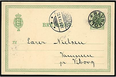 5 øre Fr. VIII helsagsbrevkort annulleret med stjernestempel RAVNHOLT og sidestemplet Lunderskov d. 22.11.1911 til Vammen pr. Viborg.