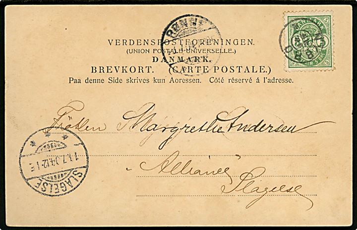 5 øre Våben på brevkort annulleret med stjernestempel NYBRO og sidestemplet Rønne d. 13.7.1904 til Slagelse.