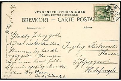 5 øre Chr. IX på brevkort (Vinterdag i Mosgaard Skov. H. A. Ebbesen no. 576) dateret d. 23.12.1906 og annulleret med stjernestempel GYLLING til Herlufmagle.
