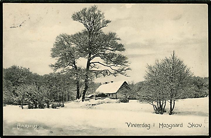 5 øre Chr. IX på brevkort (Vinterdag i Mosgaard Skov. H. A. Ebbesen no. 576) dateret d. 23.12.1906 og annulleret med stjernestempel GYLLING til Herlufmagle.