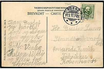 5 øre Fr. VIII på brevkort annulleret med stjernestempel GODTHAAB og sidestemplet Rønne d. 31.5.1911 til København.
