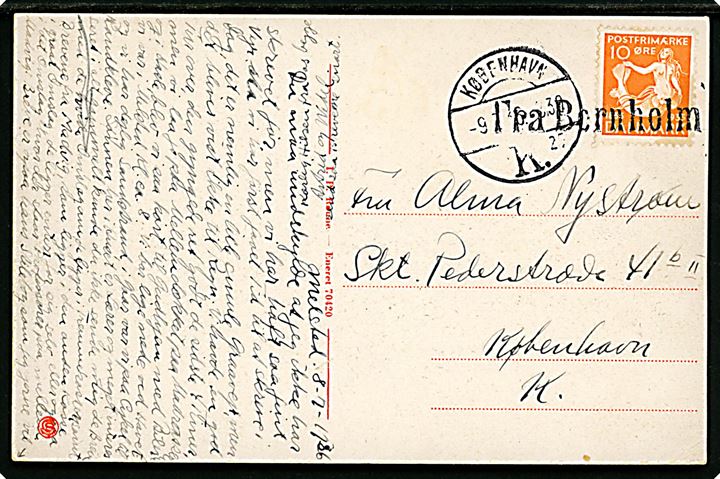 10 øre H. C. Andersen på brevkort (Gudhjem, Bornholm) dateret i Melsted annulleret med skibsstempel Fra Bornholm og sidestemplet København K. d. 9.7.1936 til København.
