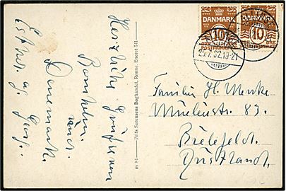10 øre Bølgelinie (2) på brevkort annulleret med brotype Ic Allinge d. 25.7.1932 til Bielefeld, Tyskland. 
