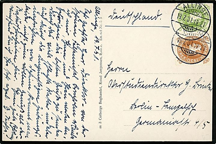 5 øre og 10 øre Chr. X 60 år på brevkort annulleret med brotype Ic Allinge d. 19.7.1931 til Berlin, Tyskland.