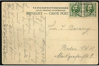 5 øre Fr. VIII i parstykke på brevkort annulleret med brotype Ia Allinge S. (= Sandvig) d. 5.9.1910 til Berlin, Tyskland.