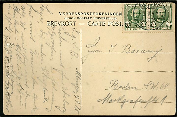 5 øre Fr. VIII i parstykke på brevkort annulleret med brotype Ia Allinge S. (= Sandvig) d. 5.9.1910 til Berlin, Tyskland.