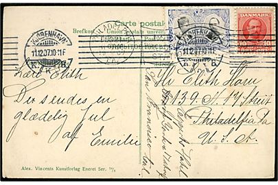 10 øre Fr. VIII og Julemærke 1907 på julekort (Postbud i snevejr) fra Kjøbenhavn d. 11.12.1907 til Philadelphia, USA - eftersendt til San Francisco. 