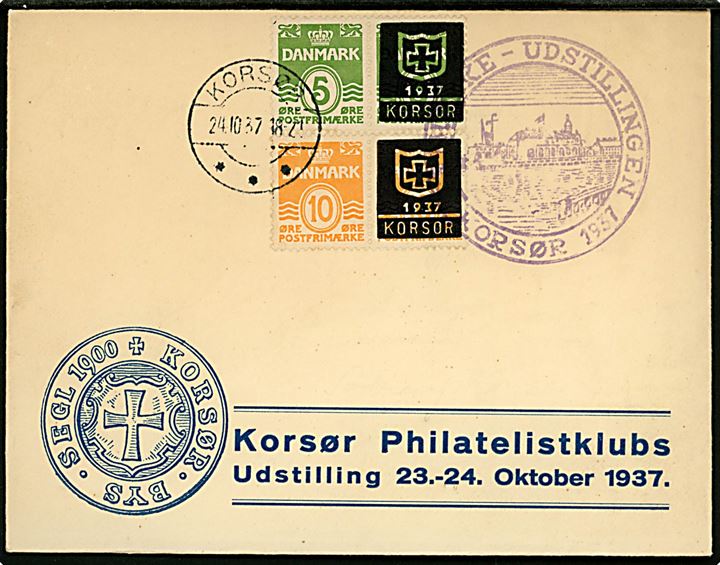 5 øre og 10 øre Bølgelinie i parstykker med privat tiltrykte udstillingsmærker 1937 KORSØR på uadresseret udstillingskuvert stemplet Korsør d. 24.10.1937.