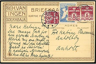 5 øre Bølgelinie (3) og Julemærke 1940 på brevkort fra Rungsted Kyst d. 30.12.1940 til Anholt By pr. Anholt.