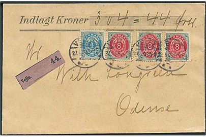 4 øre og 8 øre (3) Tofarvet på værdibrev fra Veile d. 27.1.1899 til Odense.