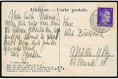 6 pfg. Hitler Ostland provisorium på brevkort annulleret Riga Deutsche Dienstpost Ostland d. 20.7.1942 til Mölln, Tyskland.