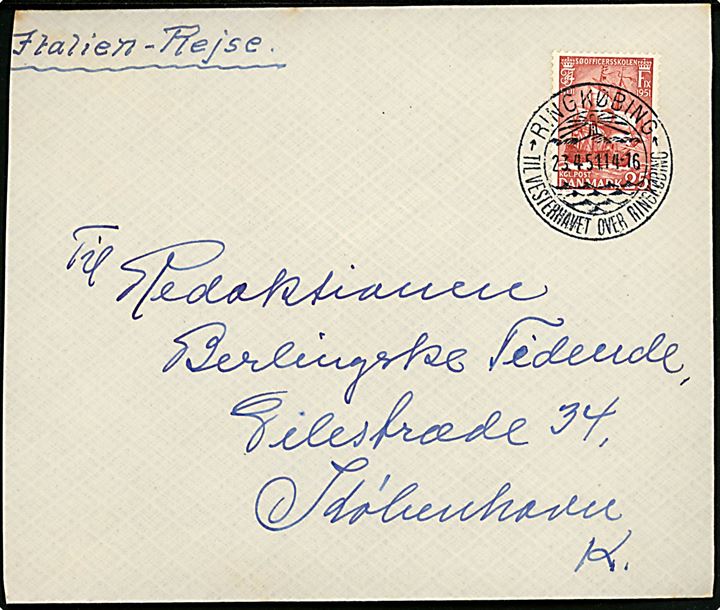 25 øre Søofficersskolen på brev annulleret med turist stempel i Ringkøbing d. 23.4.1951 til København.