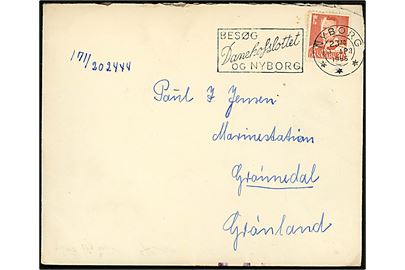 30 øre Fr. IX på brev fra Nyborg d. 3.4.1955 til Marinestation Grønnedal, Grønland. Sendt via København med ombæringskontrol streger. 