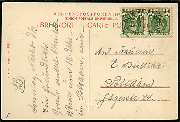 5 øre Fr. VIII i parstykke på brevkort (Dampfærgen Prins Christian annulleret med tysk bureaustempel Berlin - Warnemünde Bahnpost Zug 16 d. 13.10.1907 til Potsdam, Tyskland.