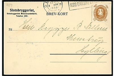 10 øre Chr. X 60 år på brevkort fra Slotsbryggeriet i Odense d. 3.11.1930 til Hyllinge.