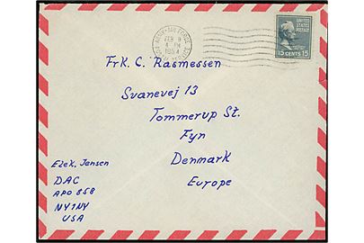 Amerikansk 15 cents Buchanan på luftpostbrev fra dansk arbejder ved DAC (Danish Arctic Contractors) ved APO 858 (= Narsarssuaq Air Base, Grønland) annulleret Army-Air Force Postal Service d. 9.2.1954 til Tommerup, Danmark.