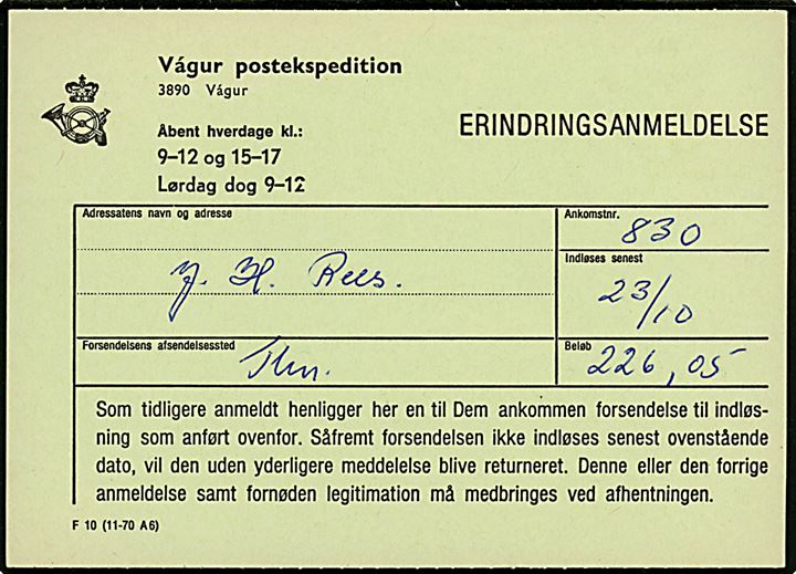 Erindringsanmeldelse - formular F10 (11-70 A6) - fra Vágur postekspedition d. 23.10.197?. 