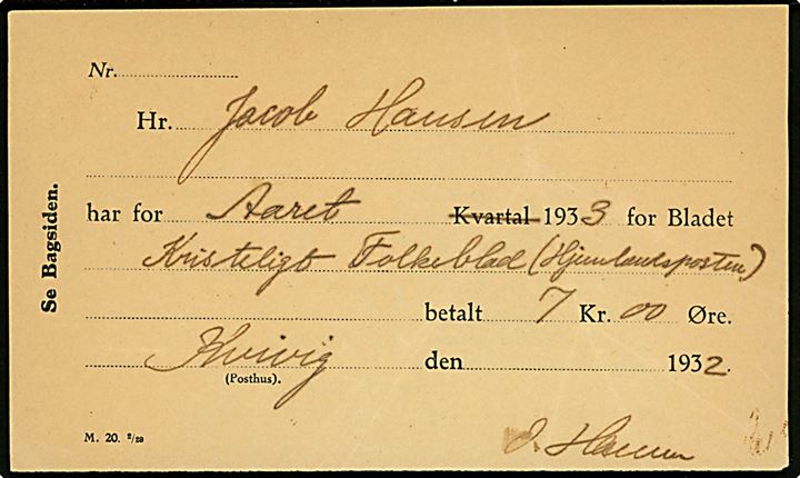 Avisregning - formular M 20 2/29 - for Kristeligt Folkeblad 1933 dateret Kvivik 1932. 