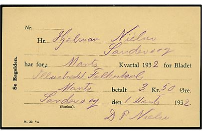 Avisregning - formular M 20 2/29 - for Illustreret Folkeskole i marts kvartal 1932 dateret Sandevaag d. 1.3.1932. 