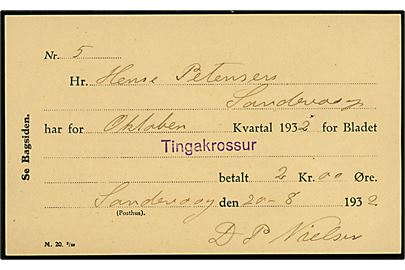 Avisregning - formular M 20 2/29 - for Tingakrossur i oktober kvartal 1932 dateret Sandevaag d. 20.8.1932. 