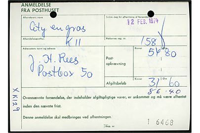 Anmeldelse fra Posthuset. På bagsiden trodat stempel Vágur Posteksp. d. 7.2.1974. To arjivhuller.