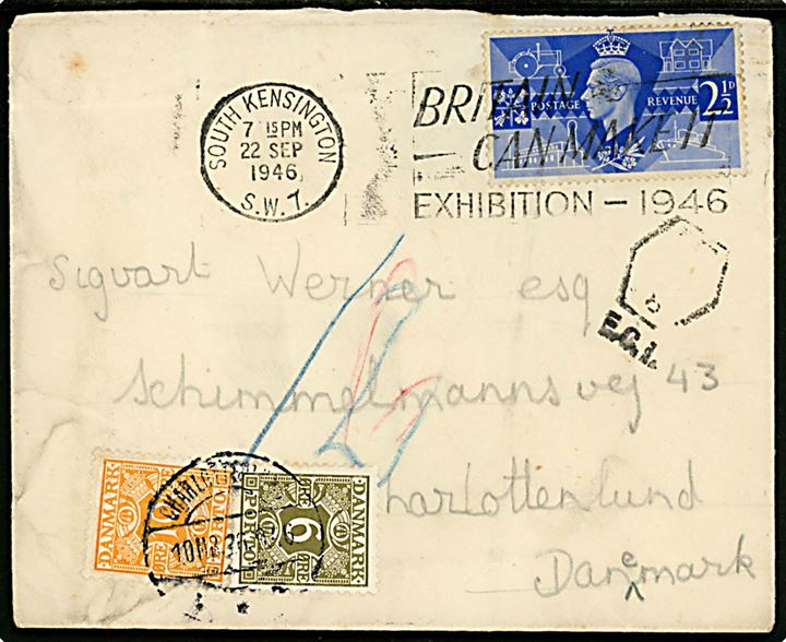 Britisk 2½d George VI på underfrankeret brev fra South Kensington d. 22.9.1946 til Charlottenlund, Danmark. Udtakseret i porto med 6 øre og 10 øre Portomærke stemplet Charlottenlund d. 30.9.1946.