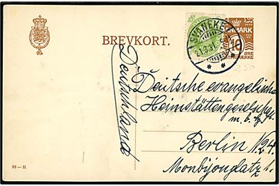 10 øre helsagsbrevkort (fabr. 98-H) opfrankeret med 5 øre Chr. X 60 år annulleret med brotype Ic Svaneke *** d. 21.3.1931 til Berlin, Tyskland.