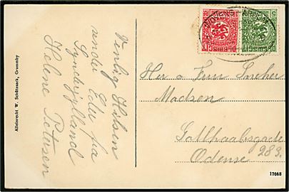5 pfg. og 10 pfg. Fælles udg. på brevkort (Westerlinnet) annulleret med ovalt bureaustempel Woyens - Arnum Bahnpost Z.45 d. 13.2.1920 til Odense.