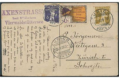 Schweiz 2 c. oog 3 c. Tell Knabe, samt agitations-mærkat Skandinavisk Understøttelseskasse for rejsende haandværkere i Udlandet sendt lokalt i Zürich d. 23.9.1909. 1 mærke med skade. 
