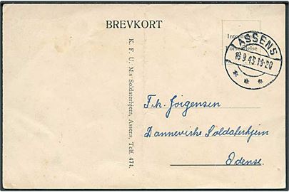 Ufrankeret fortrykt interneret brevkort stemplet Assens d. 18.9.1943 til Dannevirke Soldaterhjem i Odense. Fra interneret soldat i Assens. Fold.