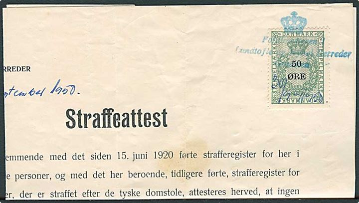 50 øre Stempelmærke på Straffeattest udstedt i Graasten d. 30.9.1950. 