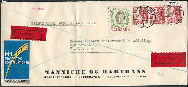 20 øre Karavel (3) og Julemærke 1942 på ekspresbrev fra København d. 4.12.1942 til Viborg. Fold.