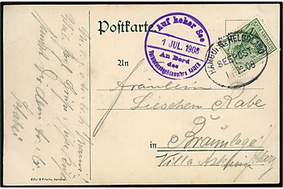 5 pfg. Germania på brevkort (Turbinenschnelldampfer Kaiser) annulleret med ovalt skibsstempel Hamburg - Helgoland Seepost d. 1.7.1908 og sidestemplet Auf hoher See / An Bord des Turbinenschnelldampfer KAISER d. 1.7.1908 til Braunlage.