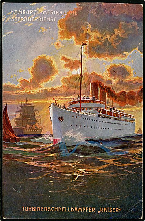5 pfg. Germania på brevkort (Turbinenschnelldampfer Kaiser) annulleret med ovalt skibsstempel Hamburg - Helgoland Seepost d. 1.7.1908 og sidestemplet Auf hoher See / An Bord des Turbinenschnelldampfer KAISER d. 1.7.1908 til Braunlage.