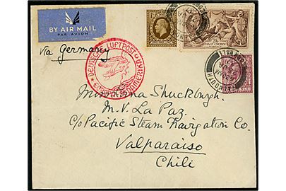 6d, 1 sh. George V og 2/6 sh. Seahorse på luftpostbrev påskrevet via Germany fra Falmouth d. 25.1.1937 til Valparaiso, Chile. Tysk luftpoststempel: Deutsche Luftpost /c/ Europa - Südamerika og ank.stemplet i Valparaiso d. 1.2.1937.