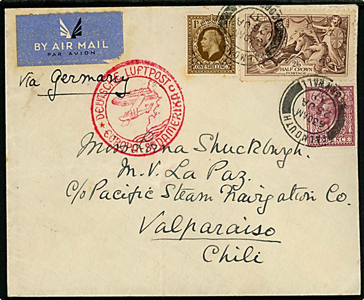 6d, 1 sh. George V og 2/6 sh. Seahorse på luftpostbrev påskrevet via Germany fra Falmouth d. 25.1.1937 til Valparaiso, Chile. Tysk luftpoststempel: Deutsche Luftpost /c/ Europa - Südamerika og ank.stemplet i Valparaiso d. 1.2.1937.