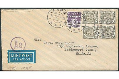 10 øre Bølgelinie og 50 øre Chr. X i fireblok på luftpostbrev fra Aars d. 16.11.1940 til Bridgeport, USA. Åbnet af tysk censur.