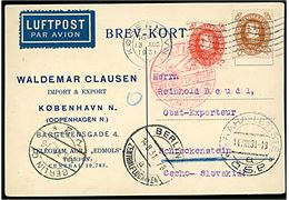 10 øre og 15 øre Chr. X 60 år på luftpost brevkort fra København d. 13.8.1931 via Berlin og Prag til Schreckenstein, Tjekkoslovakiet. Tysk luftpost stempel: Mit Luftpost befördert Zweigluftpostamt Berlin-Zentralflughafen.