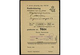 Postkvittering for indbetalingskort med kontorstempel: FARUM KASERNE (SLANGERUP) POST EKSP d. 30.12.1957. Postekspedition oprettet i 1953 underlagt Slangerup, fra 1961 underlagt Bagsværd og fra 1965 til lukning i 1980 underlagt Farum postkontor. 