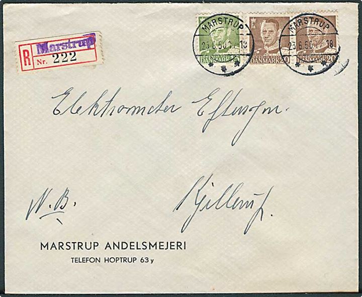 15 øre og 20 øre (par) Fr. IX på anbefalet brev fra Marstrup d. 25.6.1950 til Kjellerup.