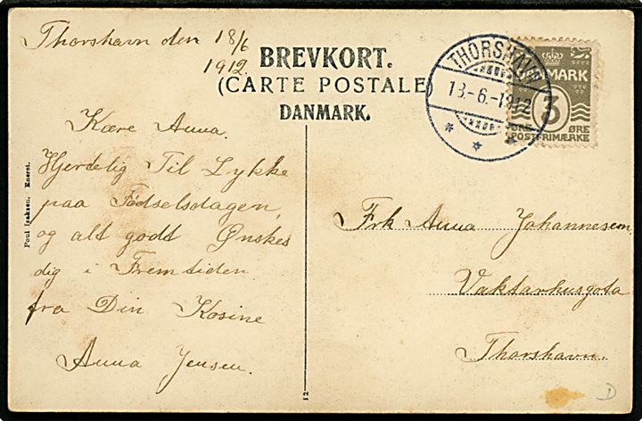 Færøerne, Kirkebø, domkirkeruin. P. Isaksen u/no. Frankeret med 3 øre Bølgelinie sendt lokalt brotype Ig Thorshavn d. 18.6.1912.