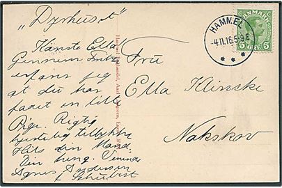 5 øre Chr. X på brevkort annulleret med smukt brotype IIIb Hammel d. 4.11.1916 til Nakskov.