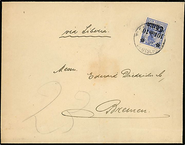 Tysk post i Kina. 10 Cent China/20 pfg. Germania provisorium single på brev stemplet Tientsin Deutsche Post d. 29.1.1908 til Bremen, Tyskland. 
