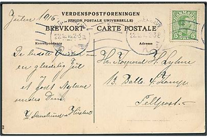 5 øre Chr. X på brevkort fra Kjøbenhavn d. 22.12.1916 til soldat ved 13. Batls. 4. Komp., Feltpost.