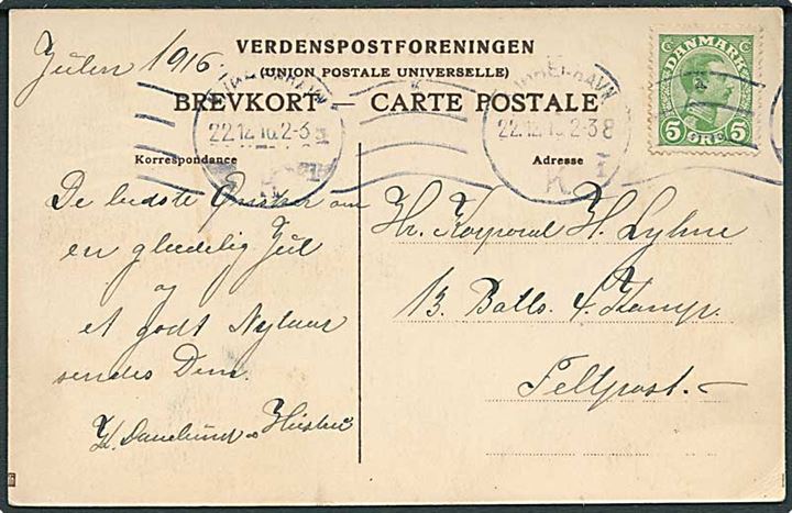 5 øre Chr. X på brevkort fra Kjøbenhavn d. 22.12.1916 til soldat ved 13. Batls. 4. Komp., Feltpost.