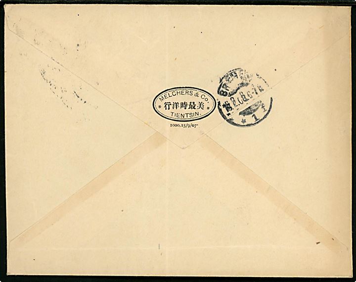 Tysk post i Kina. 10 Cent China/20 pfg. Germania provisorium single på brev stemplet Tientsin Deutsche Post d. 29.1.1908 til Bremen, Tyskland. 