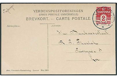 2 øre Bølgelinie single på brevkort sendt som lokal tryksag i Aalborg d. 3.5.1908.