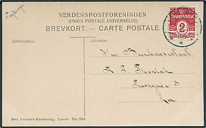 2 øre Bølgelinie single på brevkort sendt som lokal tryksag i Aalborg d. 3.5.1908.