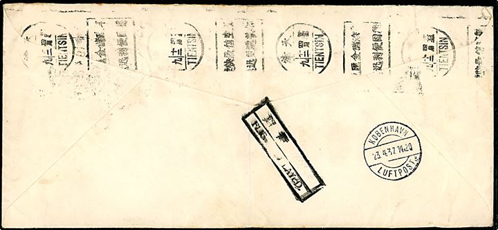 5 c., 20 c. Sun Yat-sen og 30 c. Luftpost på aflangt luftpostbrev påskrevet By Air Mail in China Ord. Mail via Siberia fra Chungking d. 9.4.1937 via Tientsin og København luftpost d. 23.4.1937 til Charlottenlund, Danmark. På bagsiden 2-sproget rammestempel Flight Delayed. Fold.